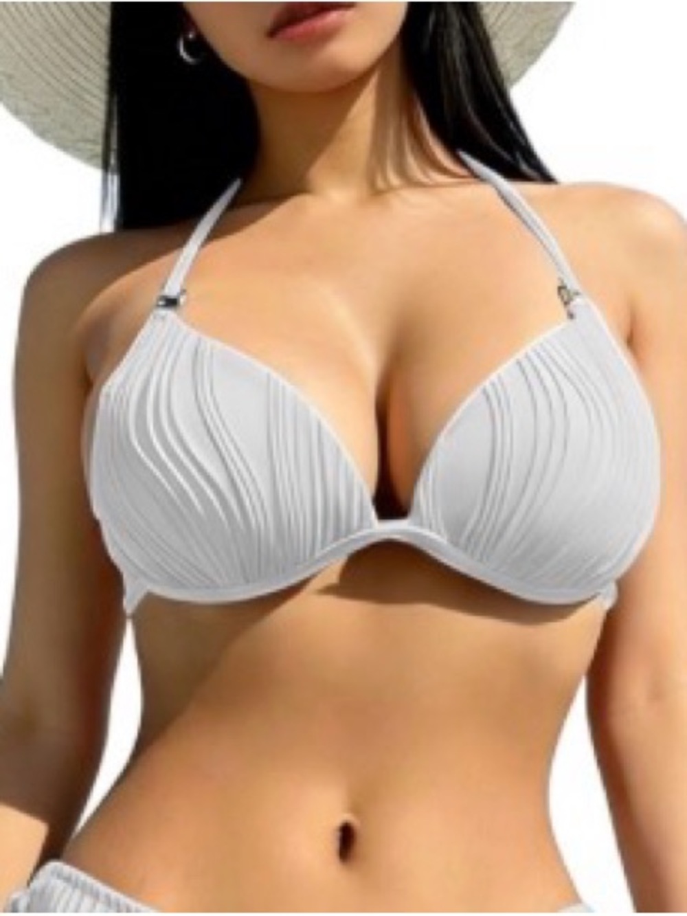 White Halter Bikini Top - Padded Plunge